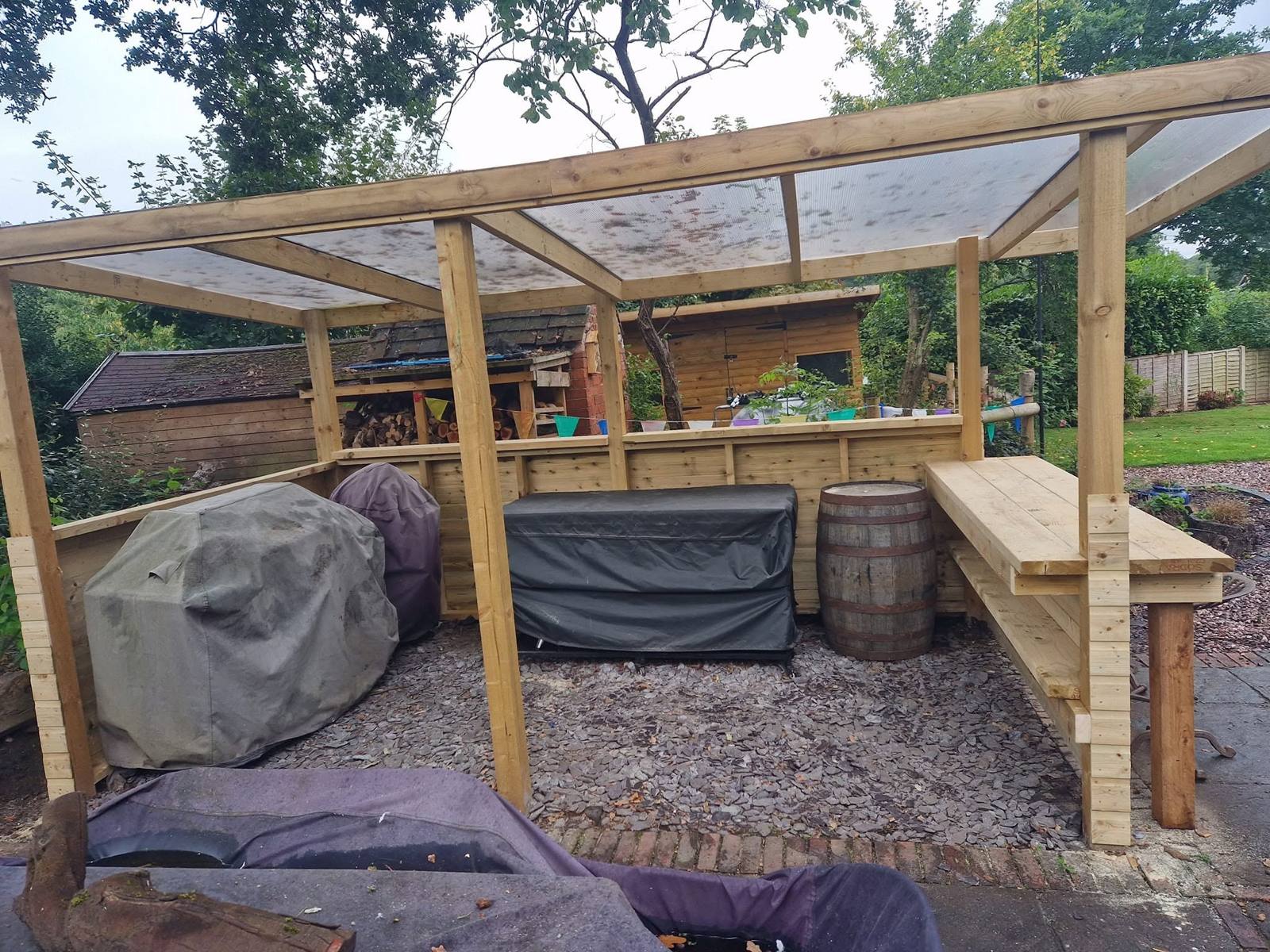 Garden room build with roof frame in progress