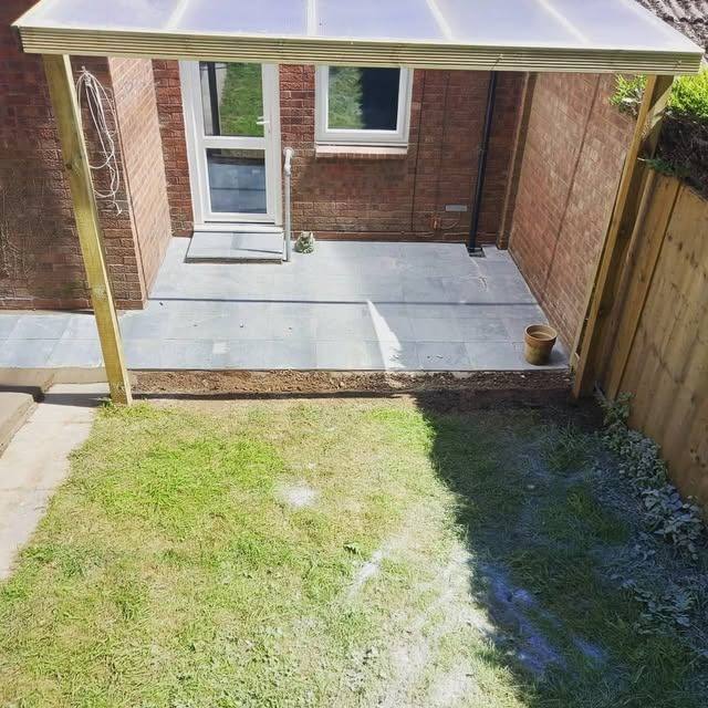 A newly laid patio area outside a back door